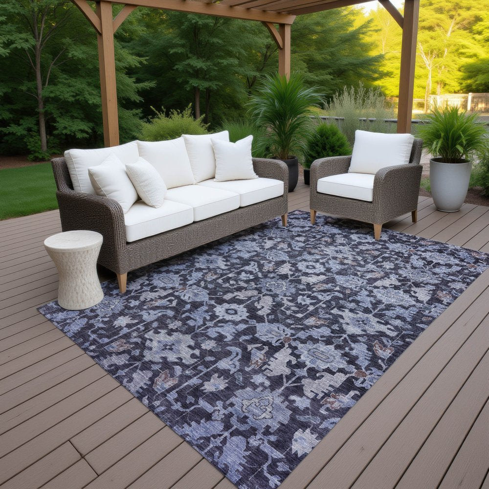 9' X 12' Navy Blue And Plum Floral Washable Indoor Outdoor Area Rug HomeRoots