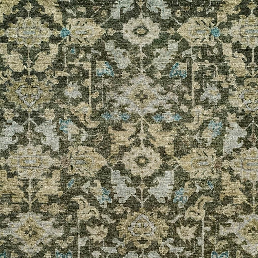 8' X 10' Olive Green Teal Blue And Gold Floral Washable Indoor Outdoor Area Rug