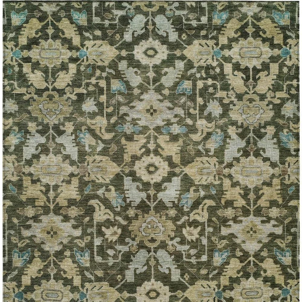 8' X 10' Olive Green Teal Blue And Gold Floral Washable Indoor Outdoor Area Rug