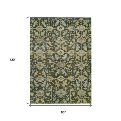 8' X 10' Olive Green Teal Blue And Gold Floral Washable Indoor Outdoor Area Rug