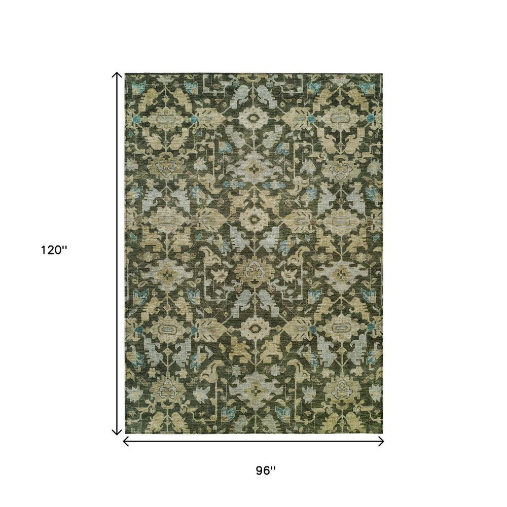 8' X 10' Olive Green Teal Blue And Gold Floral Washable Indoor Outdoor Area Rug HomeRoots