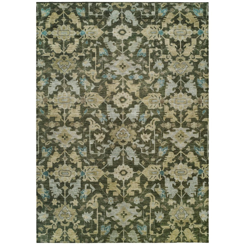8' X 10' Olive Green Teal Blue And Gold Floral Washable Indoor Outdoor Area Rug — view 1