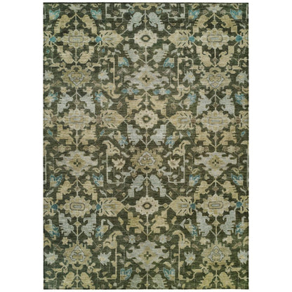 8' X 10' Olive Green Teal Blue And Gold Floral Washable Indoor Outdoor Area Rug