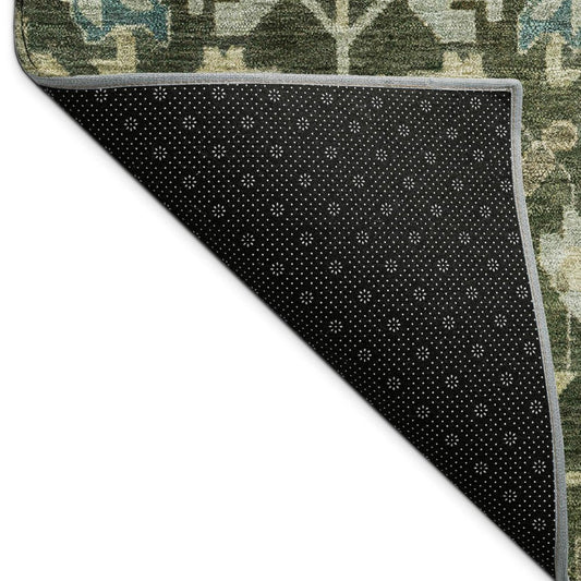 8' X 10' Olive Green Teal Blue And Gold Floral Washable Indoor Outdoor Area Rug