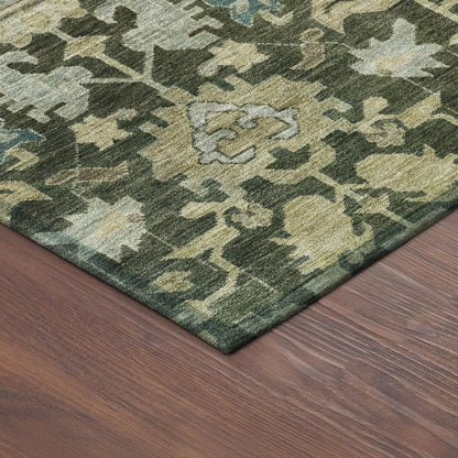 8' X 10' Olive Green Teal Blue And Gold Floral Washable Indoor Outdoor Area Rug