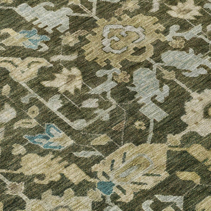 8' X 10' Olive Green Teal Blue And Gold Floral Washable Indoor Outdoor Area Rug