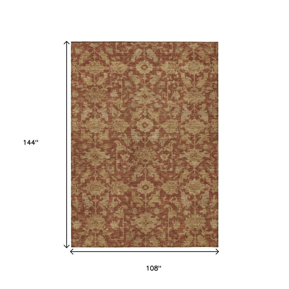 9' X 12' Rust And Beige Floral Washable Indoor Outdoor Area Rug — view 7