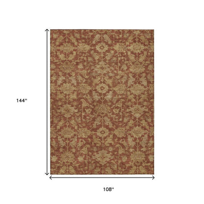 9' X 12' Rust And Beige Floral Washable Indoor Outdoor Area Rug