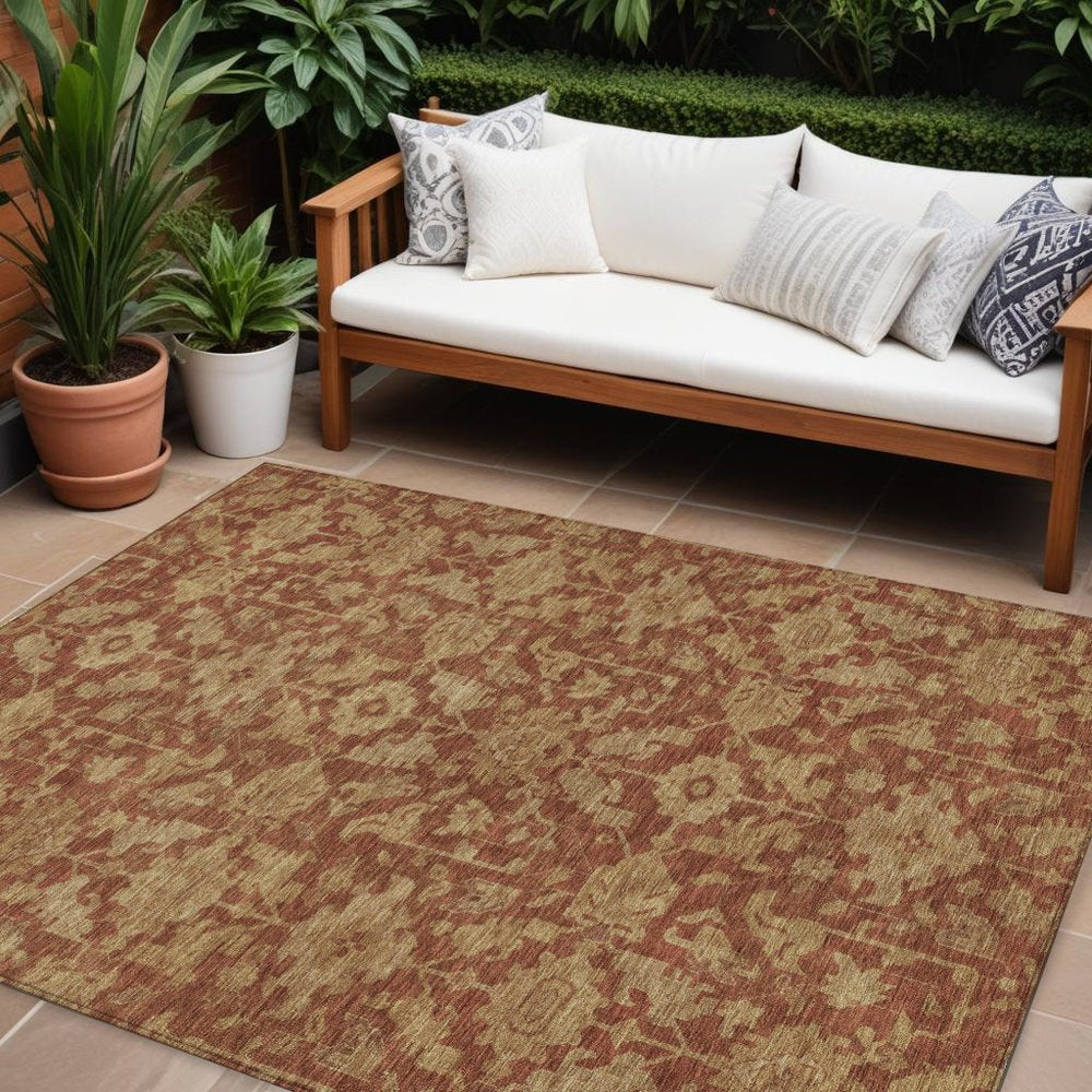 9' X 12' Rust And Beige Floral Washable Indoor Outdoor Area Rug HomeRoots