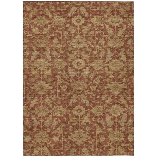 9' X 12' Rust And Beige Floral Washable Indoor Outdoor Area Rug