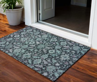 3' X 5' Teal Blue And Plum Floral Washable Indoor Outdoor Area Rug HomeRoots