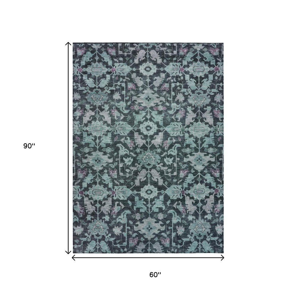 5' X 8' Teal Blue And Plum Floral Washable Indoor Outdoor Area Rug HomeRoots