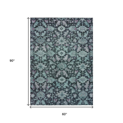 5' X 8' Teal Blue And Plum Floral Washable Indoor Outdoor Area Rug HomeRoots