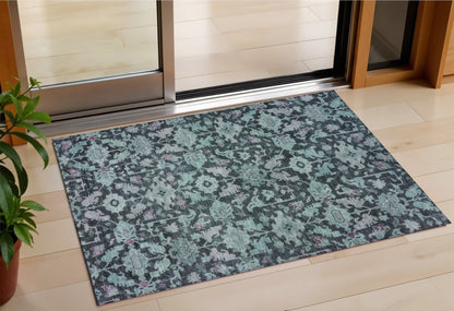 5' X 8' Teal Blue And Plum Floral Washable Indoor Outdoor Area Rug HomeRoots