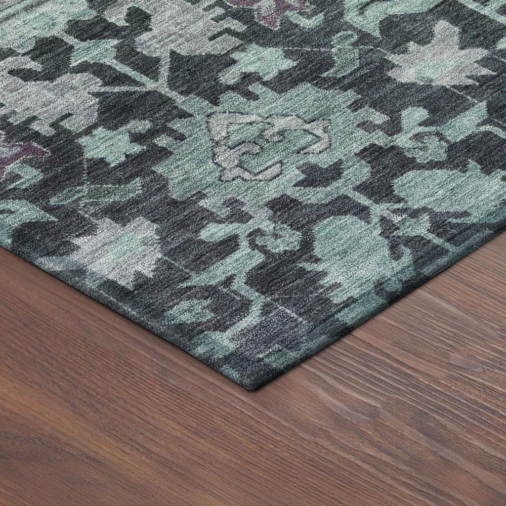 5' X 8' Teal Blue And Plum Floral Washable Indoor Outdoor Area Rug — view 3