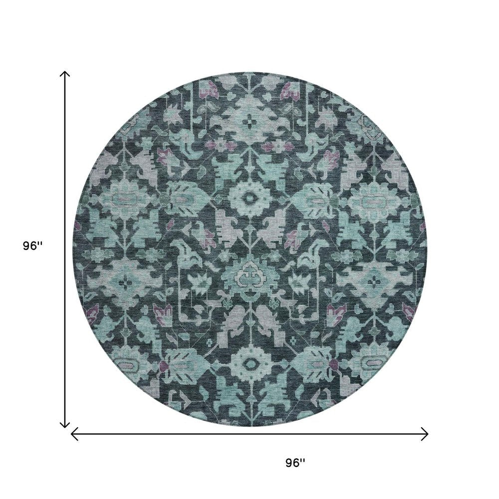 8' Teal Blue And Plum Round Floral Washable Indoor Outdoor Area Rug — view 7