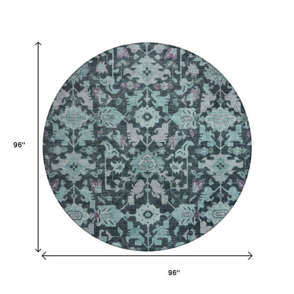 8' Teal Blue And Plum Round Floral Washable Indoor Outdoor Area Rug HomeRoots