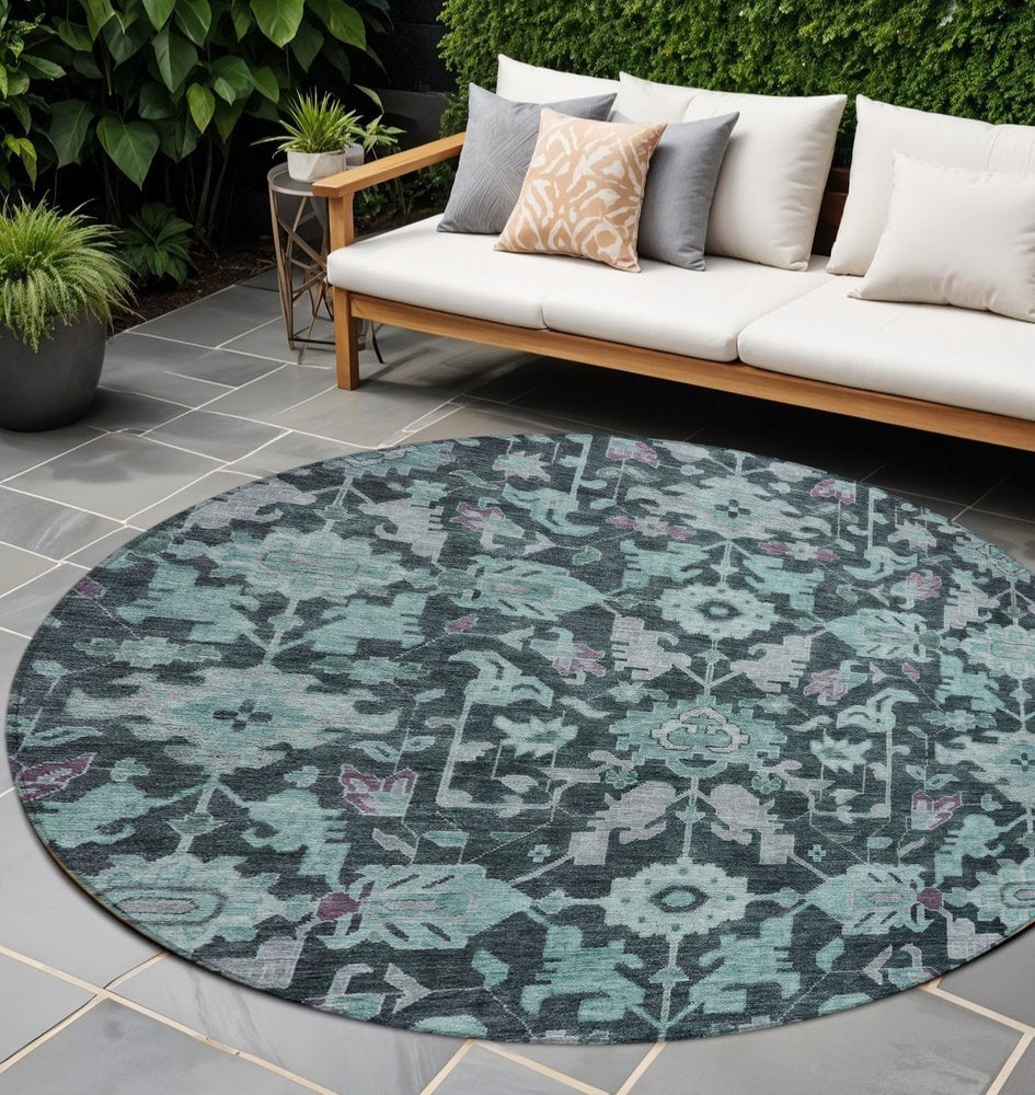 8' Teal Blue And Plum Round Floral Washable Indoor Outdoor Area Rug — view 8