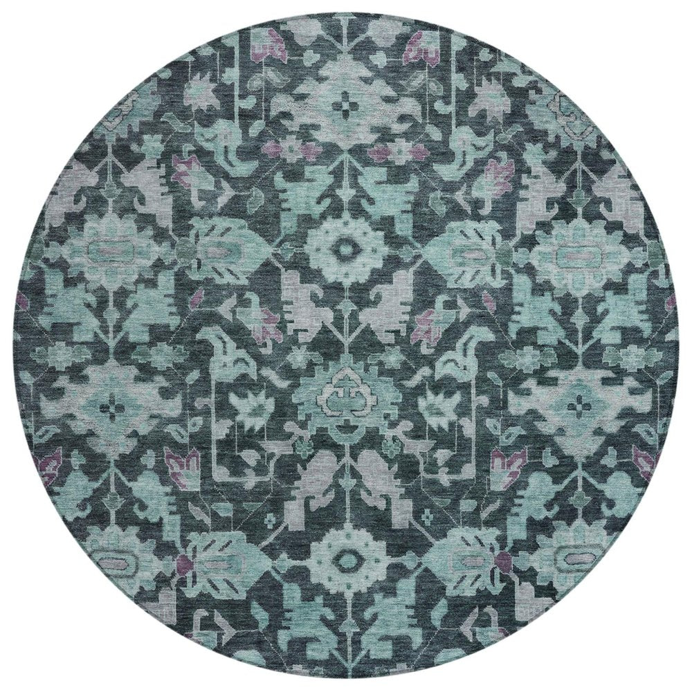 8' Teal Blue And Plum Round Floral Washable Indoor Outdoor Area Rug — view 1