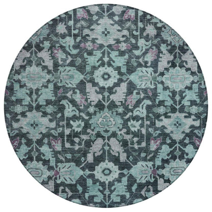 8' Teal Blue And Plum Round Floral Washable Indoor Outdoor Area Rug HomeRoots
