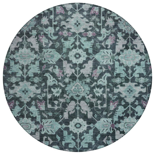 8' Teal Blue And Plum Round Floral Washable Indoor Outdoor Area Rug