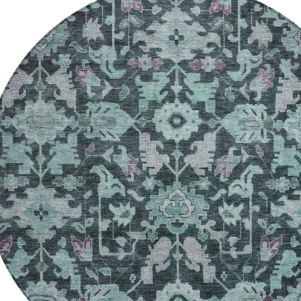 8' Teal Blue And Plum Round Floral Washable Indoor Outdoor Area Rug — view 5