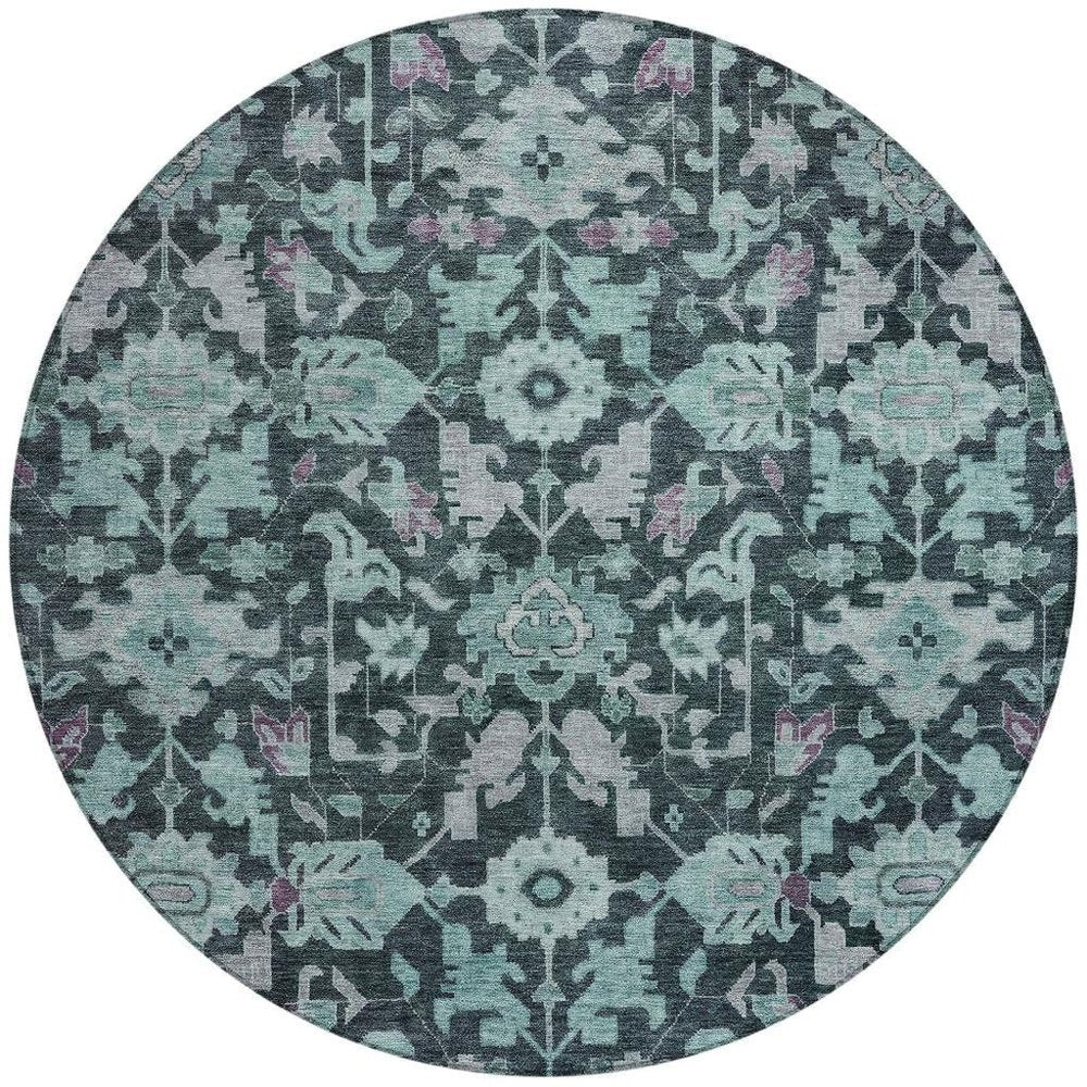 8' Teal Blue And Plum Round Floral Washable Indoor Outdoor Area Rug HomeRoots