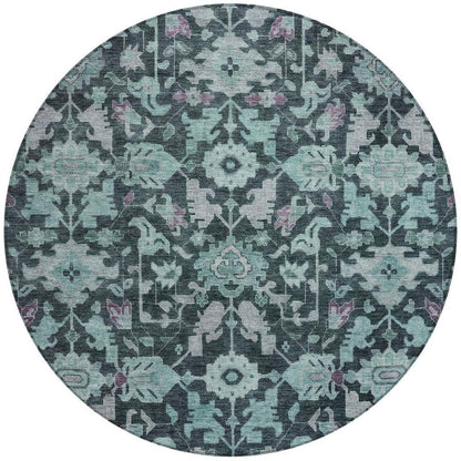 8' Teal Blue And Plum Round Floral Washable Indoor Outdoor Area Rug HomeRoots