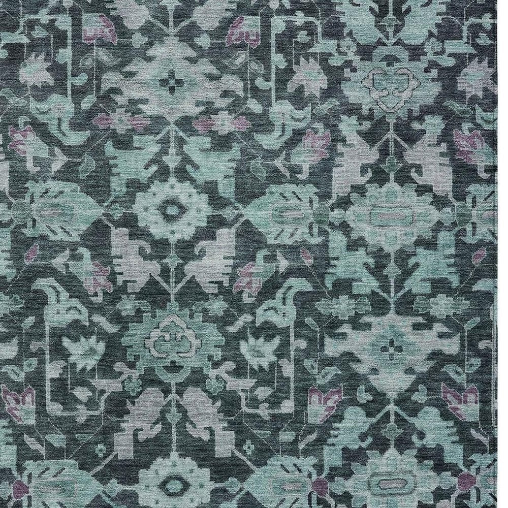 8' X 10' Teal Blue And Plum Floral Washable Indoor Outdoor Area Rug — view 5