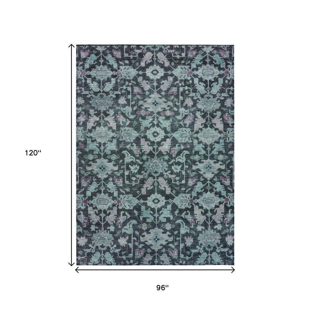 8' X 10' Teal Blue And Plum Floral Washable Indoor Outdoor Area Rug — view 7