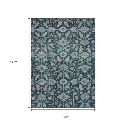 8' X 10' Teal Blue And Plum Floral Washable Indoor Outdoor Area Rug HomeRoots