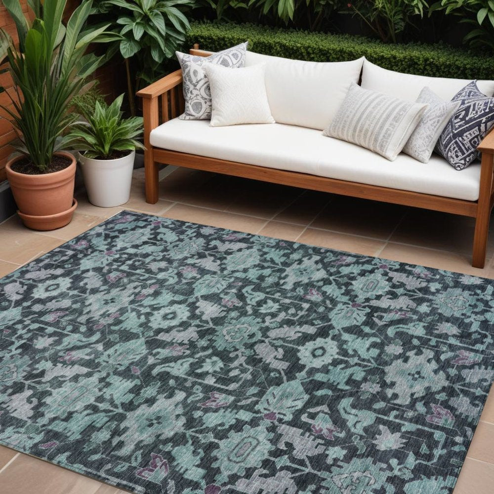 8' X 10' Teal Blue And Plum Floral Washable Indoor Outdoor Area Rug HomeRoots