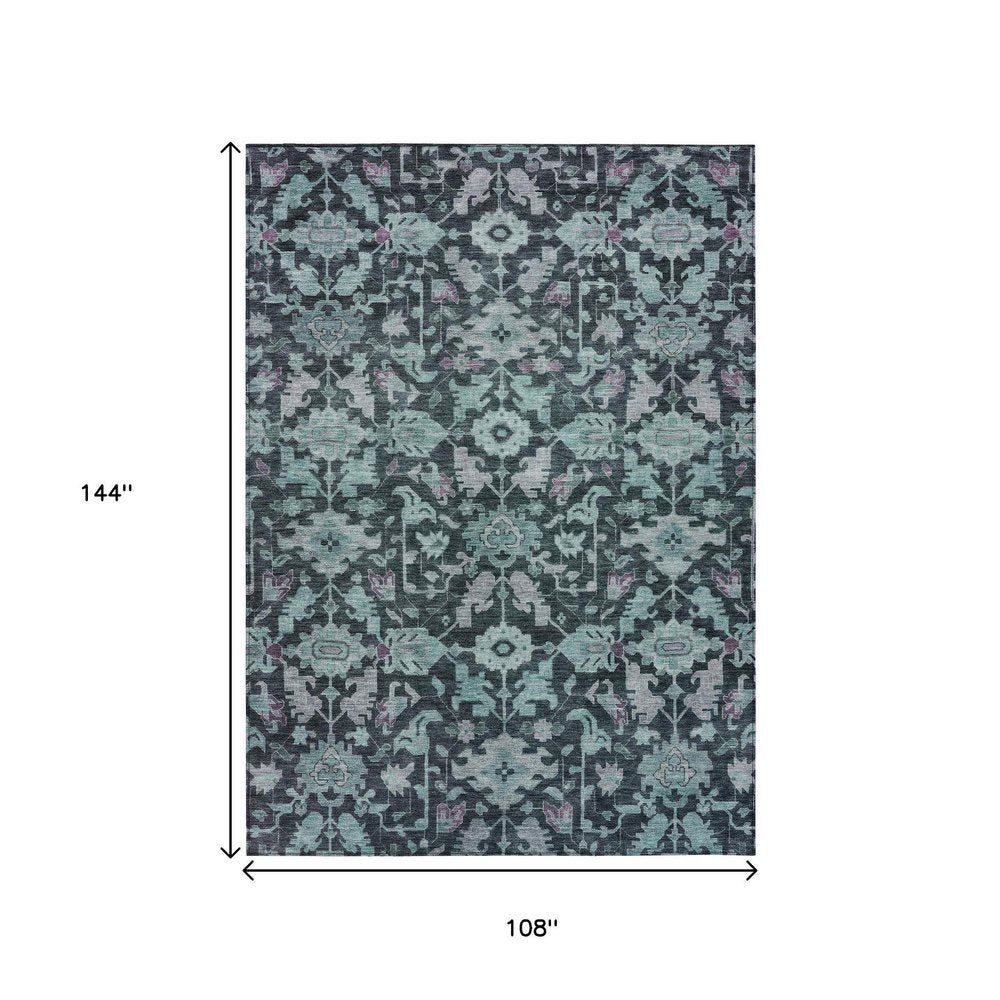 9' X 12' Teal Blue And Plum Floral Washable Indoor Outdoor Area Rug — view 7