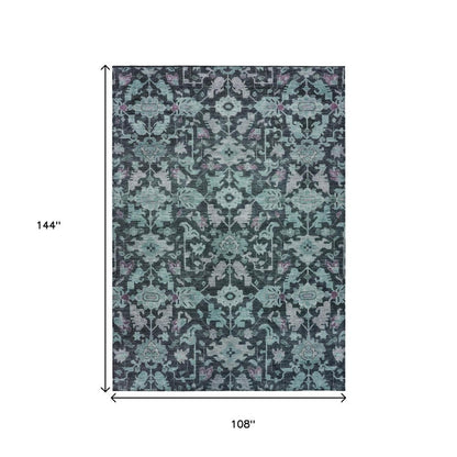 9' X 12' Teal Blue And Plum Floral Washable Indoor Outdoor Area Rug HomeRoots