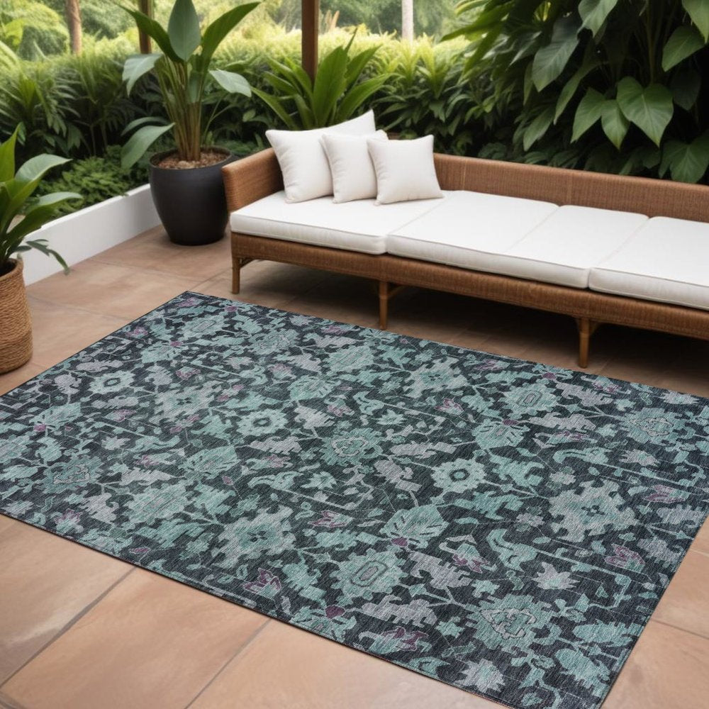 9' X 12' Teal Blue And Plum Floral Washable Indoor Outdoor Area Rug — view 8