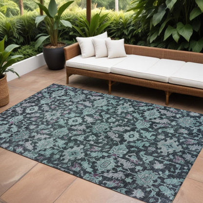 9' X 12' Teal Blue And Plum Floral Washable Indoor Outdoor Area Rug