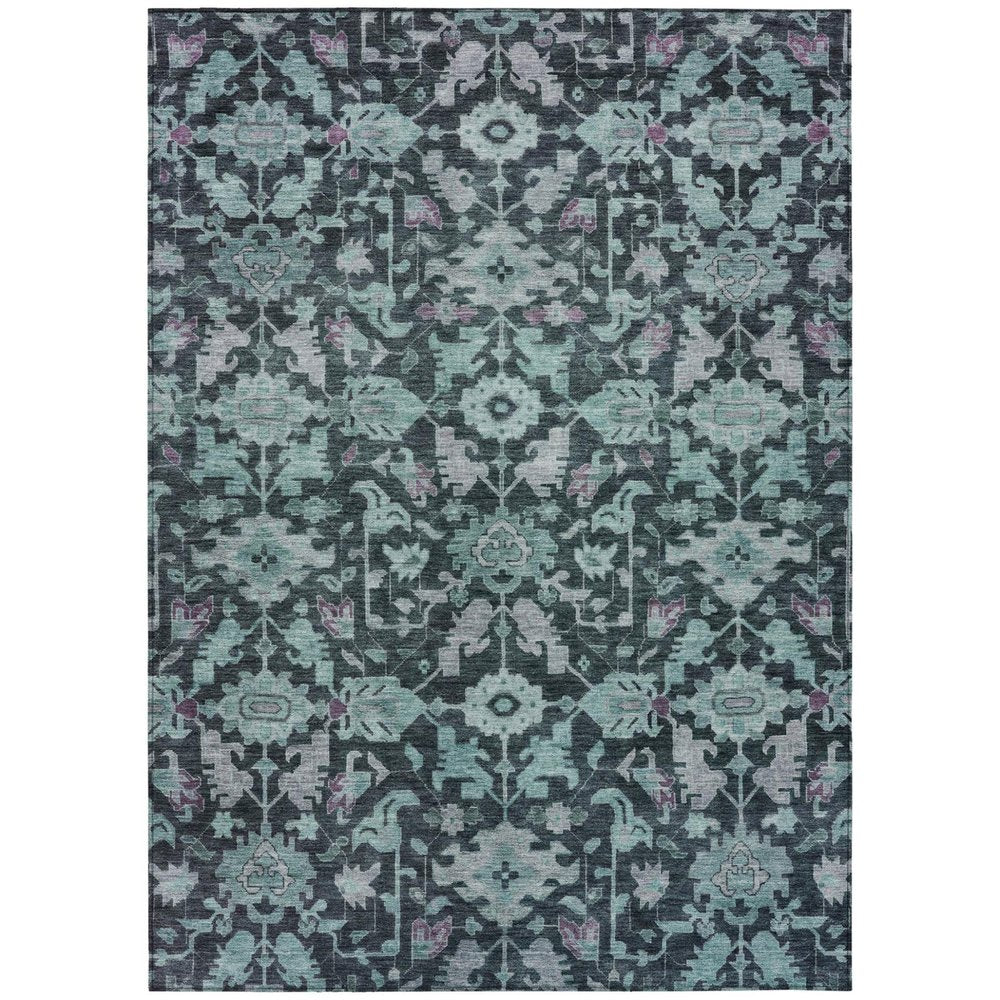 9' X 12' Teal Blue And Plum Floral Washable Indoor Outdoor Area Rug — view 1