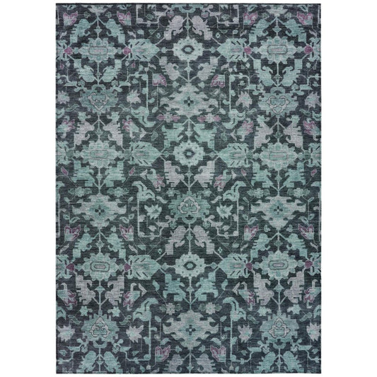 9' X 12' Teal Blue And Plum Floral Washable Indoor Outdoor Area Rug