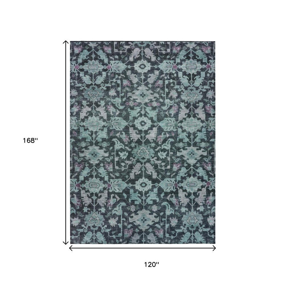 10' X 14' Teal Blue And Plum Floral Washable Indoor Outdoor Area Rug — view 7