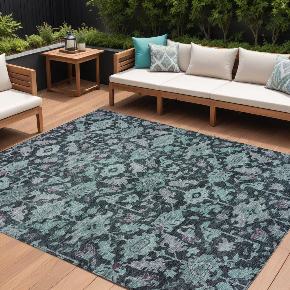 10' X 14' Teal Blue And Plum Floral Washable Indoor Outdoor Area Rug HomeRoots