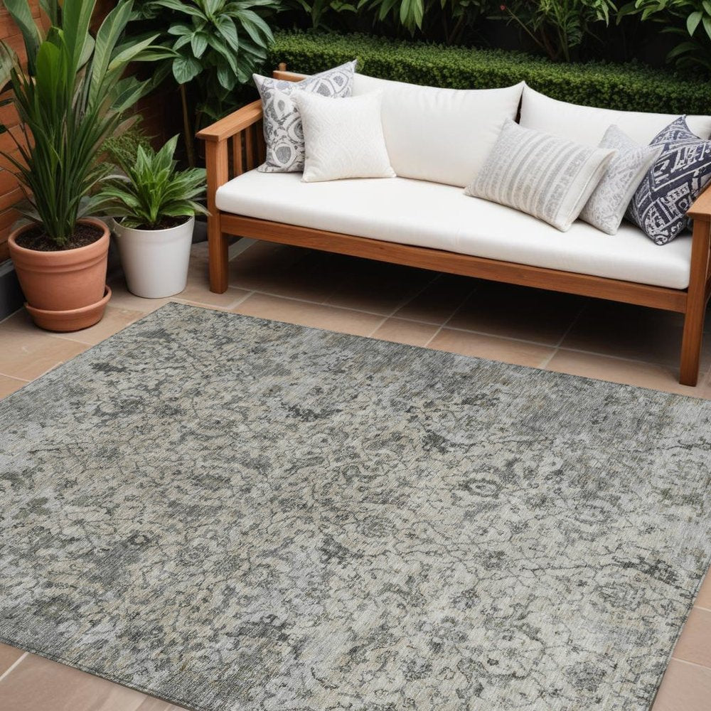 8' X 10' Beige And Gray Damask Washable Indoor Outdoor Area Rug