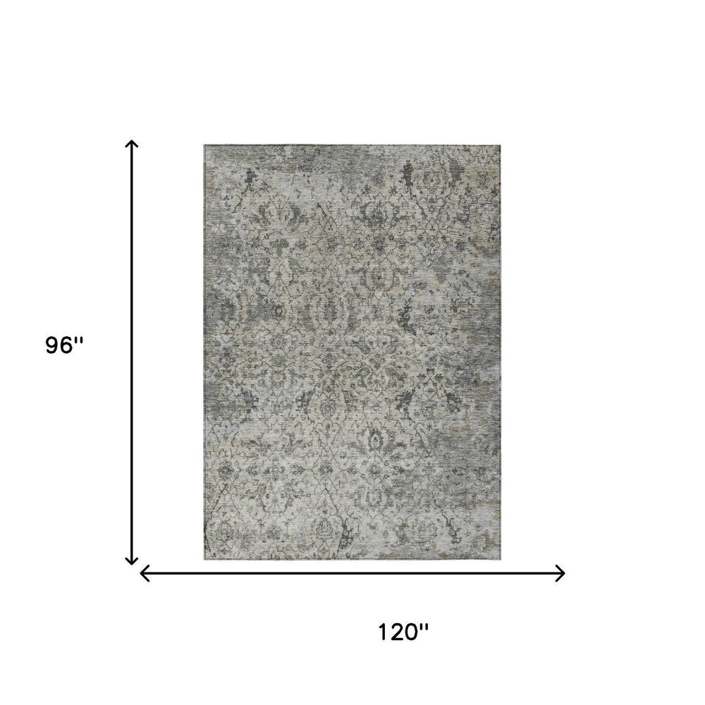 8' X 10' Beige And Gray Damask Washable Indoor Outdoor Area Rug