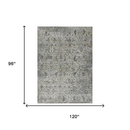 8' X 10' Beige And Gray Damask Washable Indoor Outdoor Area Rug