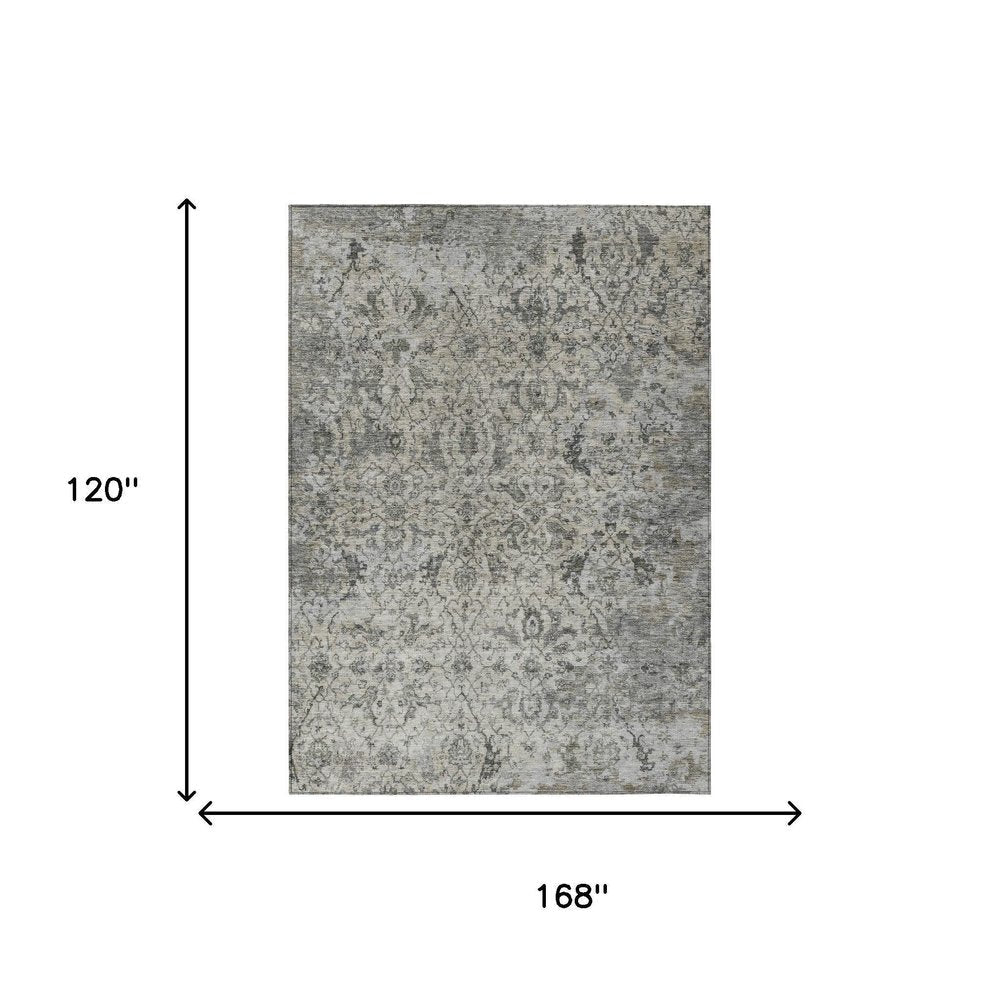 10' X 14' Beige And Gray Damask Washable Indoor Outdoor Area Rug HomeRoots