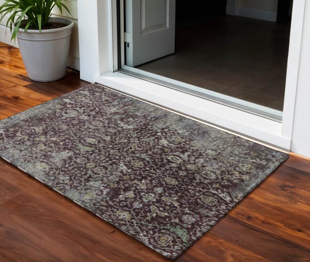 3' X 5' Burgundy And Gray Damask Washable Indoor Outdoor Area Rug HomeRoots