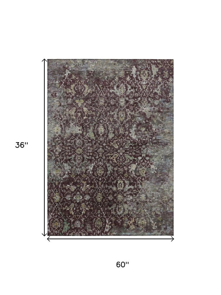 3' X 5' Burgundy And Gray Damask Washable Indoor Outdoor Area Rug HomeRoots