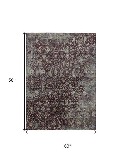 3' X 5' Burgundy And Gray Damask Washable Indoor Outdoor Area Rug HomeRoots