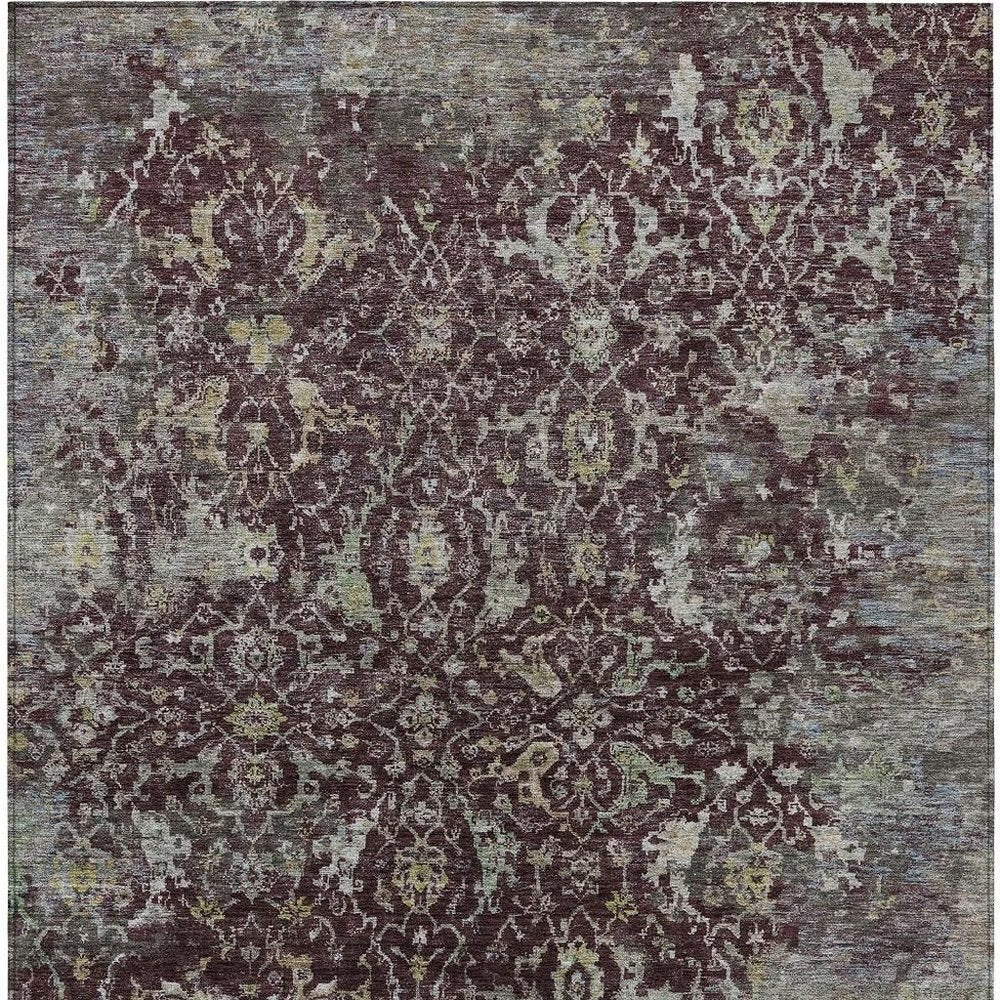 5' X 8' Burgundy And Gray Damask Washable Indoor Outdoor Area Rug — view 7