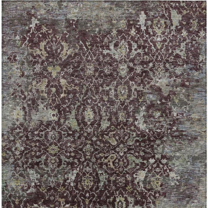 5' X 8' Burgundy And Gray Damask Washable Indoor Outdoor Area Rug