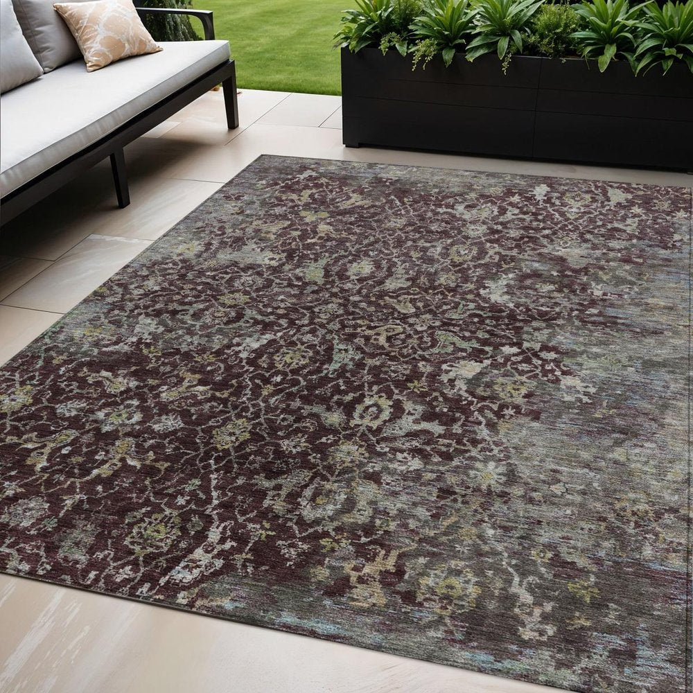 5' X 8' Burgundy And Gray Damask Washable Indoor Outdoor Area Rug HomeRoots